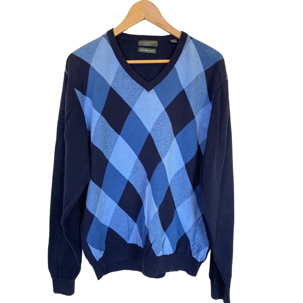 Lyle & Scott Mens Blue Argyle V-Neck Sweater 100% Combed Cotton Size‎ Large